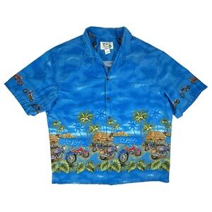 KY'S Vintage Shirt Mens 2XL Blue Hawaiian‎ Motorcycle Beach Palms Tiki Aloha USA